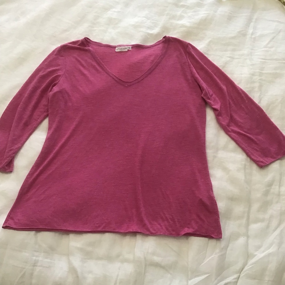 Prairie Cotton Pink V Neck Top 3/4 Sleeves, Made in USA, Size L